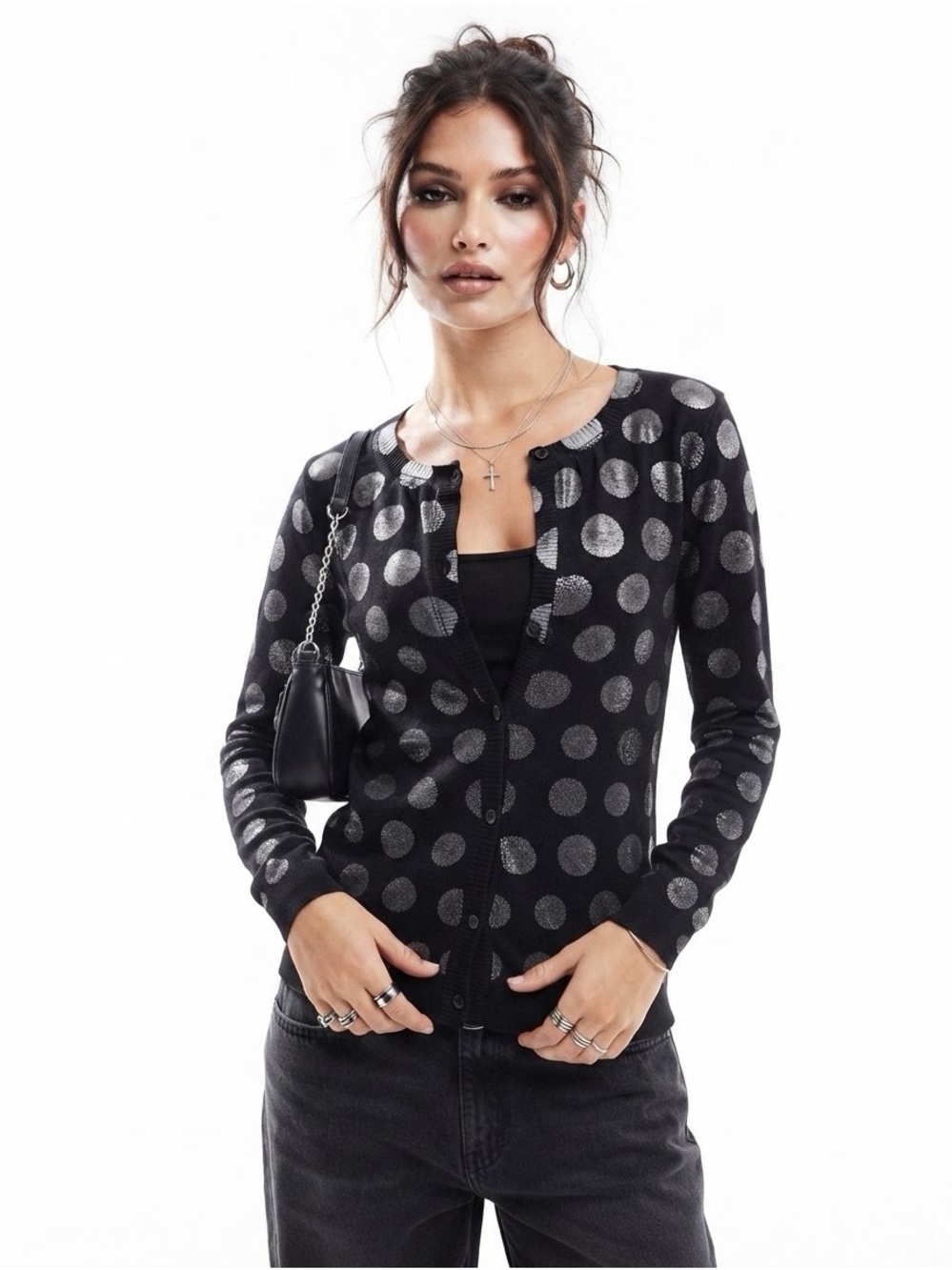 Kenzo Jeans Black Long-Sleeve Polka Dot Cardigan with Silver Dots Size L